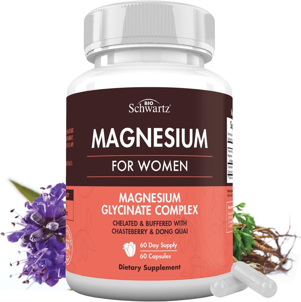 4-in-1 Magnesio Bisglycinate Supplemento per le donne - Magnesio Complesso con Chasteberry, Dong Quai & Vitamin B6 per Stress Relief, Better Sleep, Nerve, Bone & Muscle Support - 60 capsule