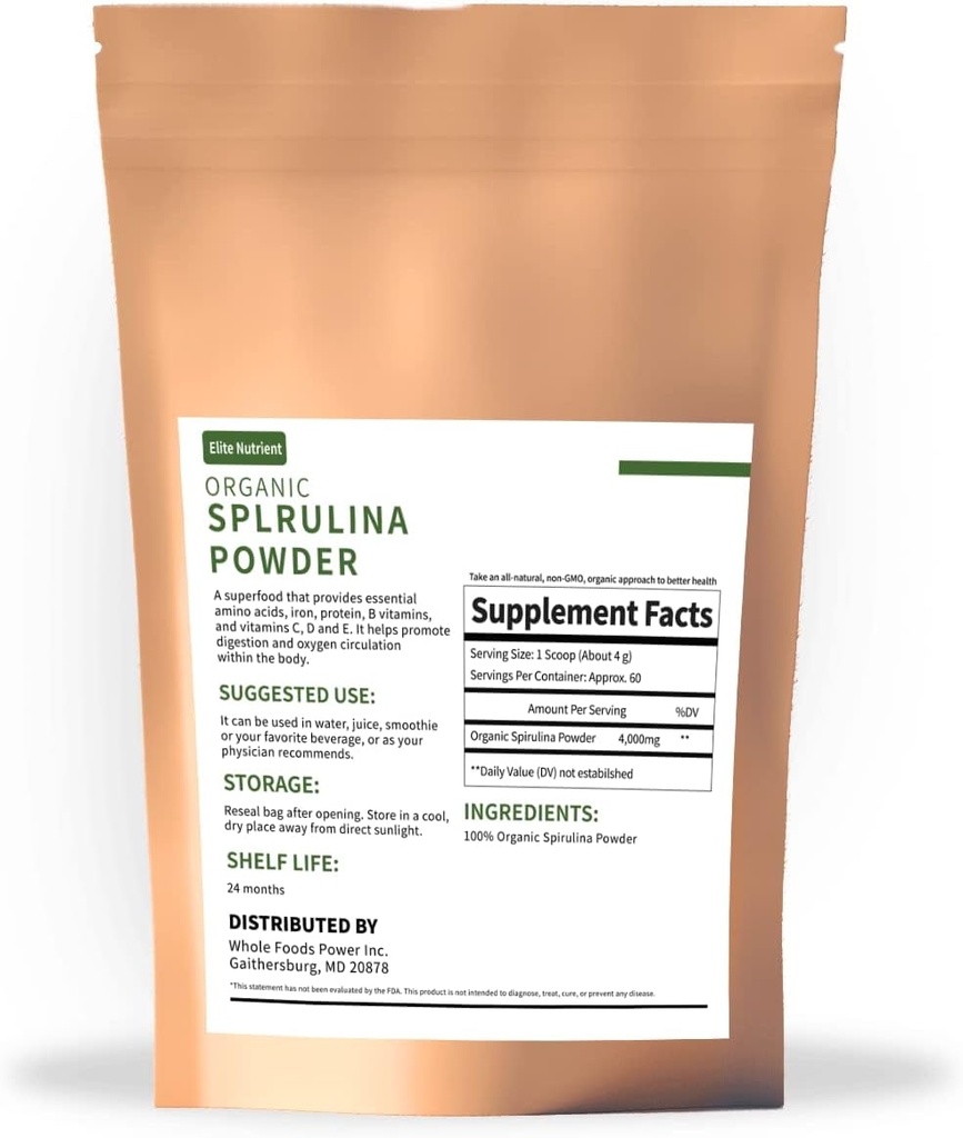 Polvere di Spirulina Organica, Non OGM, Certificato USDA, Un Superfood con Alta Proteina, Aumenta l'energia, Migliora l'immunità, Pacchetto individuale
