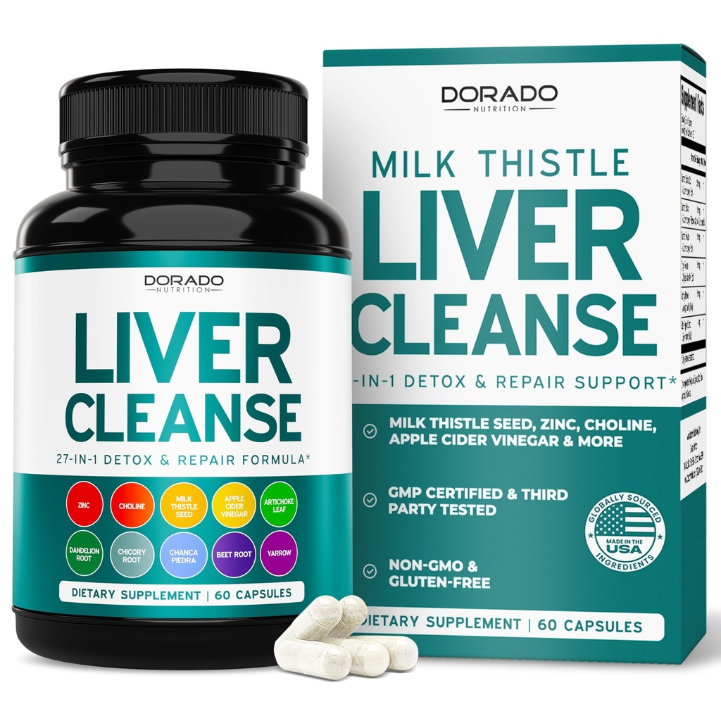 Detox e Riparazione del fegato 27 in 1 Formula - Latte Thistle, Radice di Dandelion, Turchese, Estratto di carciofo & More - Integratore di supporto del detox del fegato - 3rd Party Tested, Vegan Safe & USA Made (60 Count)