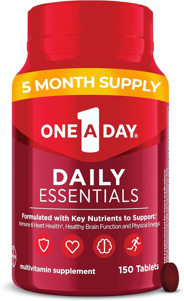One A Day Daily Essentials, Multivitamina per le donne e gli uomini, Supporta la funzione sana del cervello e del muscolo e la salute immunitaria, Multivitamina adulti con vitamina D, E e vitamina B12, 150 Conte