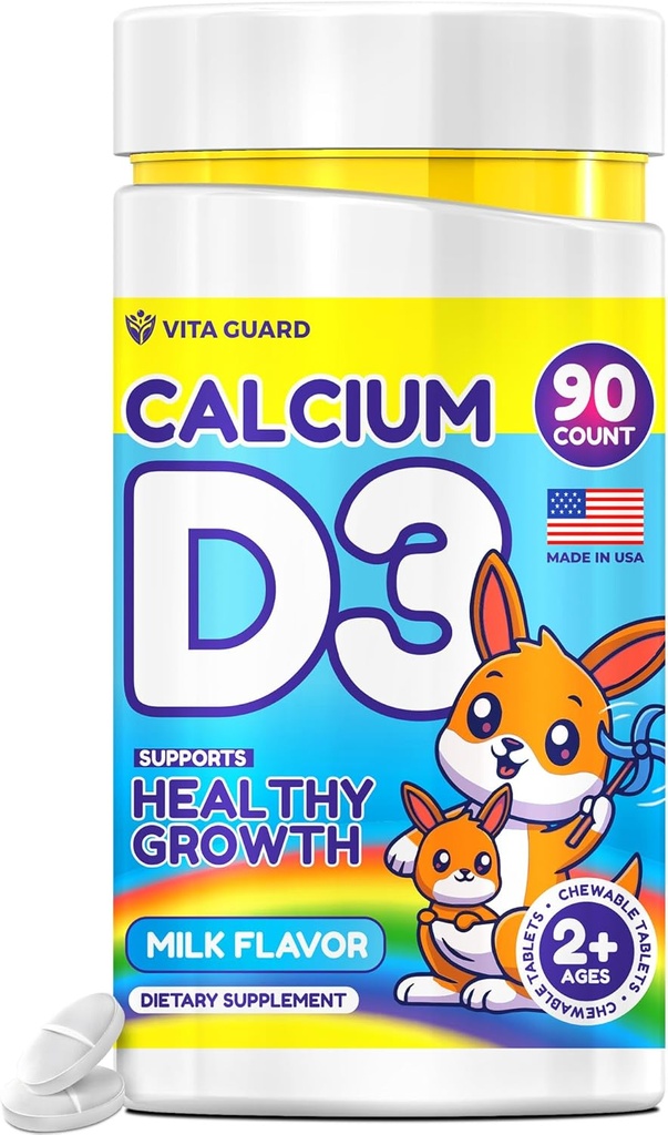 Calcium D3 Chewable Tablets per bambini – 640 mg Calcium & 320 IU Vitamin D3 – Non OGM, Latte Flavor – Bone & Teeth Support Supplement – 90 compresse per età 2+