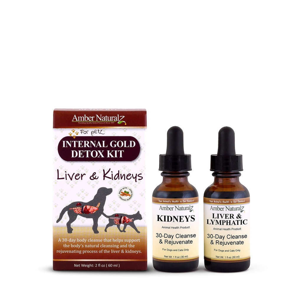 Kit di disintossicazione in oro interno AMBER NATURALZ per cani, gatti, uccelli, conigli e porcellini della Guinea | Supporto erboso per la salute del fegato e del rene