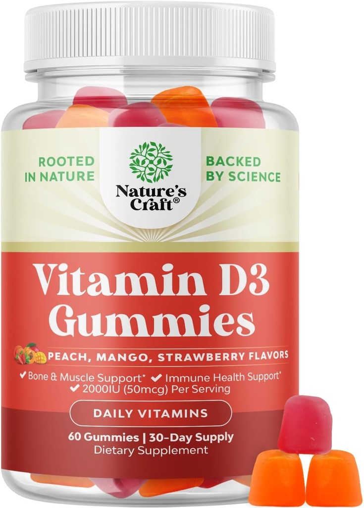 Natura Artigianato Vitamina D3 Gummies per il benessere quotidiano - Delicious D Adulti con 2000IU per porzione Bone Muscolo e supporto immunitario Non-GMO Gelatin Gluten Free (30 giorni di alimentazione)