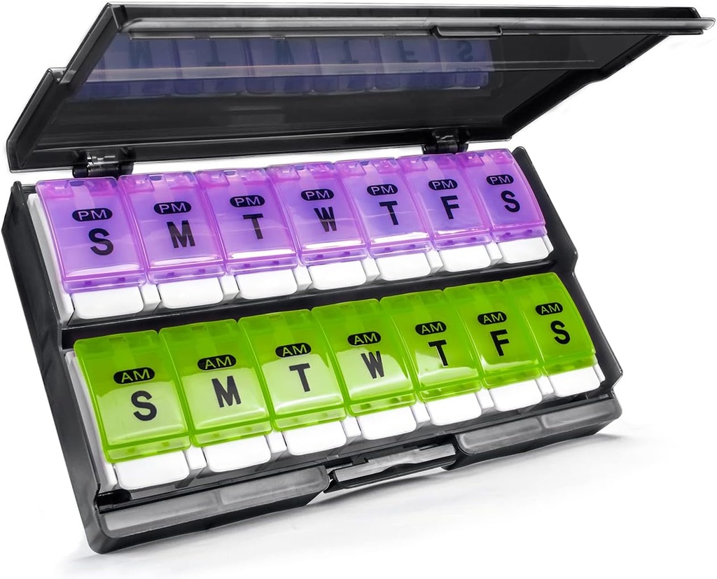 Extra Large Weekly Pill Organizer 2 volte al giorno - Remtise Am/Pm Daily Pill Case Medicine Organizer, Push Button 7 Day Pill Box per Pills/Vitamin/Cod Liver Oil/Supplements (Purple & Green)