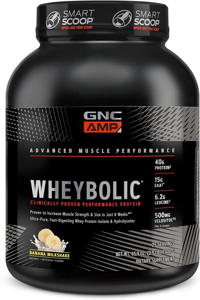 GNC AMP Wheybolic polvere proteica clinicamente provata, 40g Whey Protein, BCAA, Leucina, aumenta la resistenza muscolare, costruzione del muscolo, 3 ° partito testato, senza glutine, Banana Milkshake, 25 Servings