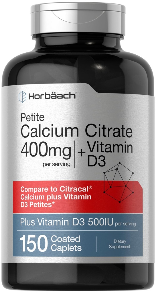 Citrato di calcio di Horbäach con vitamina D3 | 150 Capelli ricoperti di Petite | Supplemento per gli uomini e le donne | Vegetariano, Non OGM & Gluten Free