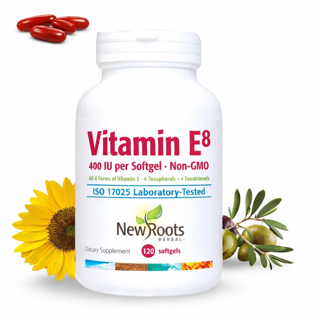 NUOVO ROOTS HERBAL Vitamin E 400 IU Capsule | Organic Antiossidante Supplemento | Tutti gli 8 tipi di vitamina E per il cervello e la visione Supporto | 4 Tocoferoli & 4 Tocotrienoli per le donne & uomini (120 Softgels)