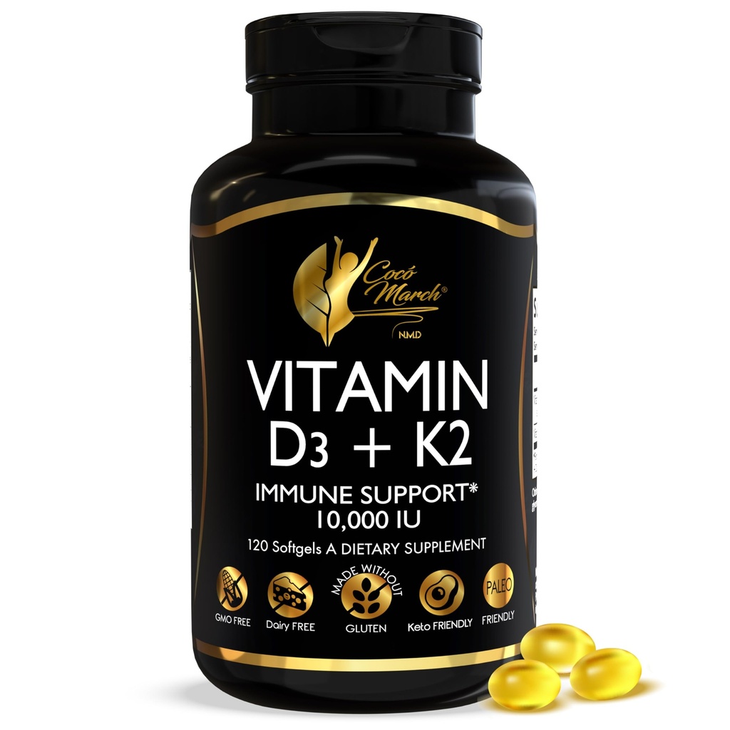 Cocó Marzo N.M.D Vitamin D3+K2 10.000 IU - Supplemento ad alta potenza per le donne e gli uomini, Supporto immunitario, Bone & Joint Health - Gluten-Free, Non-GMO, 4 mesi di alimentazione, 250 mcg D3, 180 mcg di vitamina K2