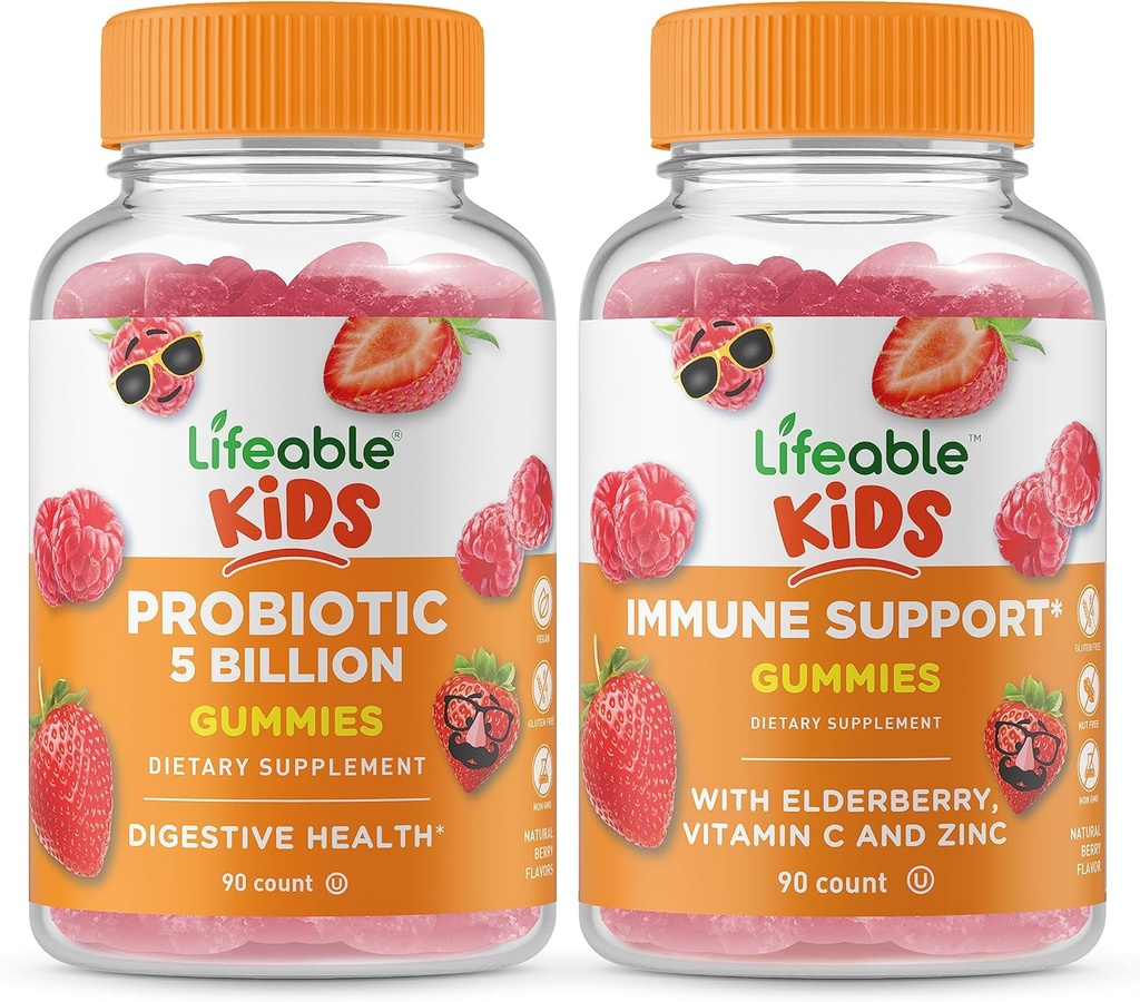 Probiotici vitali 5 Miliardi di bambini + Supporto immunitario Bambini, Gummies Bundle - Grande degustazione, Integratore di vitamina, Senza glutine, OGM libero, pancia masticabile
