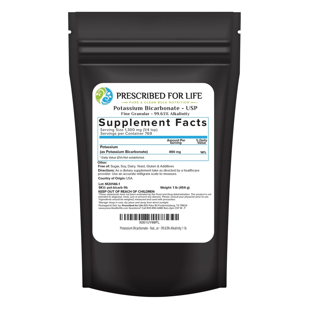 Prescritto per la polvere di bicarbonato di potassio di vita, puro bicarbonato di potassio USP & Food Grade per piante, vinificazione, & cottura, polvere cristallina, 39% K (1lb)