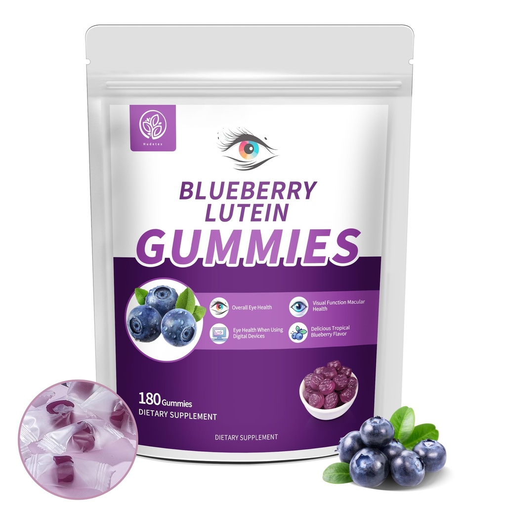 Blueberry Lutein Eye Vitamins Gummies con 180 Conte - 3 Mesi di alimentazione, Vegan Eye Health Supplement per bambini e adulti, Lutein Gummies per Vision Clarity e Blue Light Support