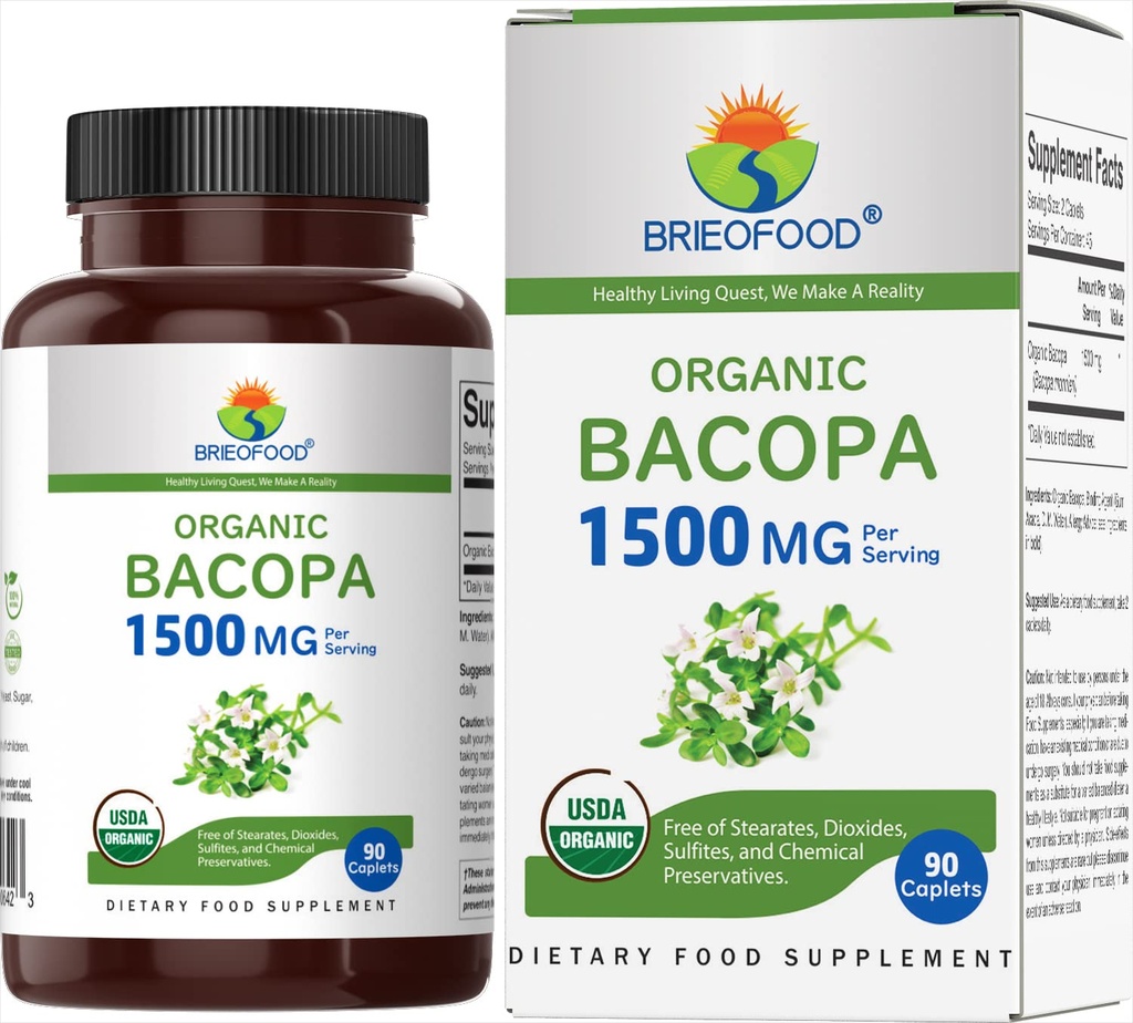 Brieofood Organic Bacopa 1500mg, 45 Serve, Vegetariano, Senza Glutine, 90 compresse vegetariane...