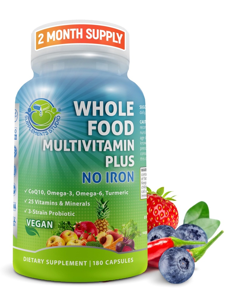 Vegan Whole Food Daily Multivitamin Senza Ferro, Multivitamina Metilata per Donne e Uomini, Realizzata con Frutta & Verdura, B-Complex, Probiotici, Enzimi, CoQ10, Omegas, Turmerico, Non OGM, 180 Conte