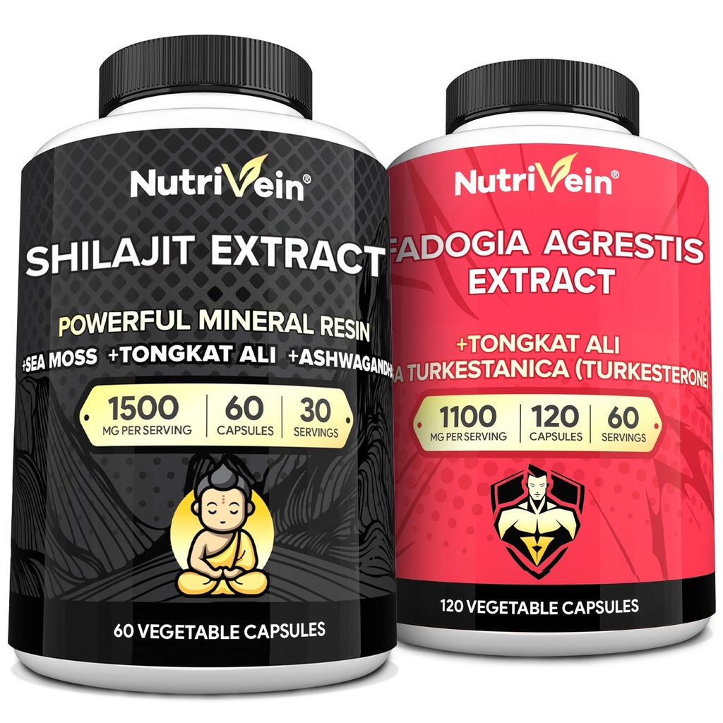 Nutrivein Premium Shilajit Capsules e Fadogia Agrestis Supplement Bundle: Potente Shilajit per Donne e Uomini + Fadogia Agrestis con Tongkat Ali Supplemento per Prestazioni, Endurance, & Vitality