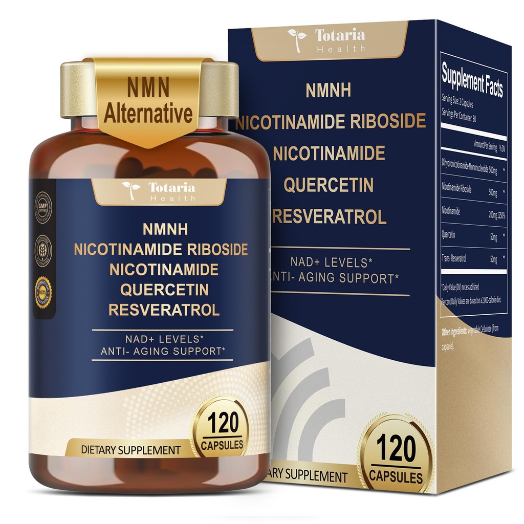 Totaria NMNH (Dihydronicotinamide Mononucleotide), NMN Alternative Supplement w/Niacinamide (Vitamin B3), Quercetina, Trans-Resveratrolo, Supporto NAD+, Skin Cell Health*, Anti-invecchiamento & Energy, 120 Caps