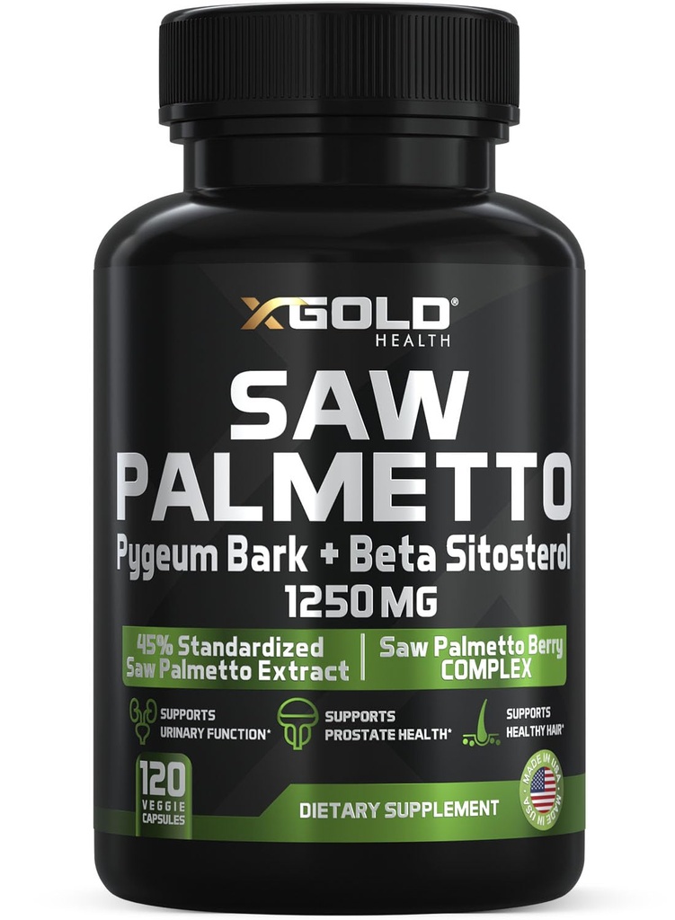 X Gold Health Saw Palmetto Prostate Supplemento per gli uomini | Pygeum Bark | Beta Sitosterol Supplemento | Potent 3X Formula | Funzione urinaria Prostate | DHT Blocker Hair Growth| 4 Mesi di alimentazione Made in USA