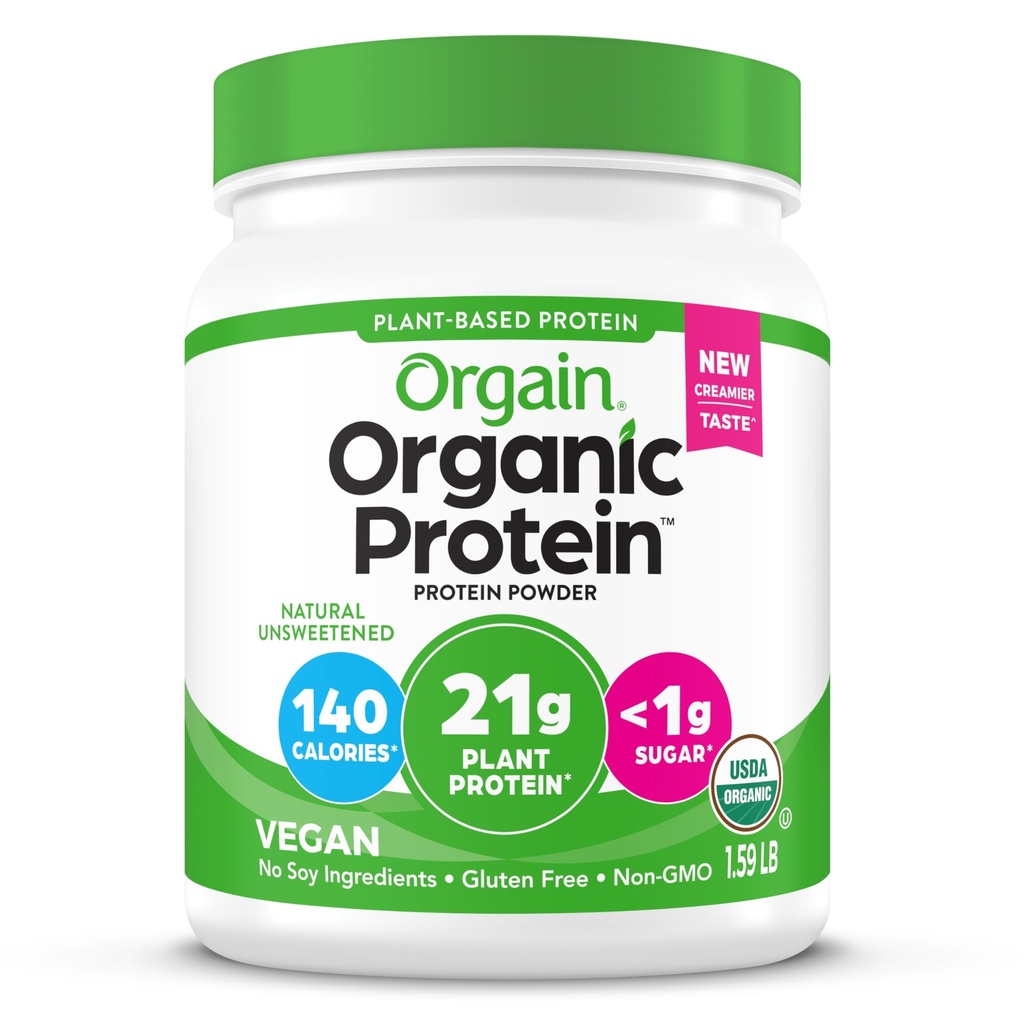 Orgain Organic Vegan Protein Powder, Natural Unsweetened - 21g di Proteine delle Piante, Fibra Prebiotica 4g, Carbi Basse Net, Nessun Lattosio Ingredienti, Non Aggiunto Zucchero, Non OGM, Per Shakes & Smoothies, 1.59 lb