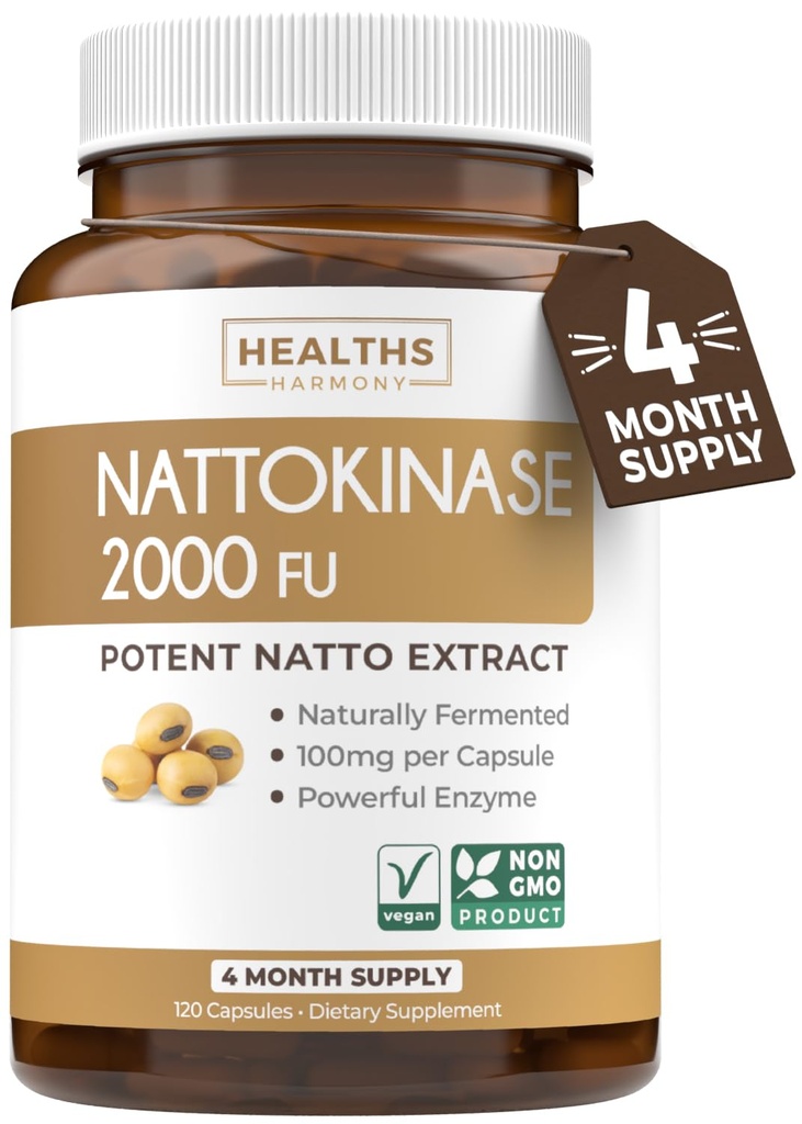 Sanità Harmony Nattokinase 2000 FU (non OGM) Potente Nattokinase Supplemento Fatto da Soia naturalmente Fermented - (4 mesi di alimentazione) 120 Vegan Natto Capsule