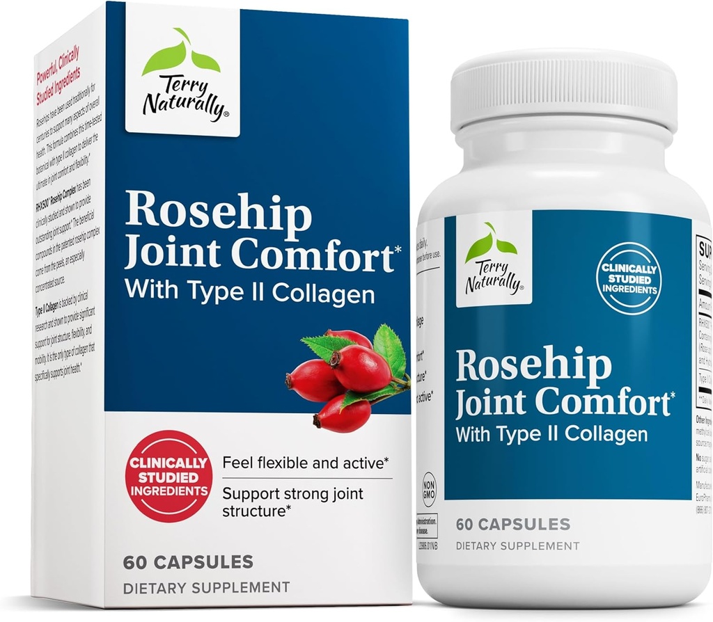 Terry Naturally Rosehip Joint Comfort - Healthy Joint Mobility & Flexibility Support Supplement - Supplemento con Collagen di tipo II - Joint Structure & Cartilage Supplement - 60 Capsule