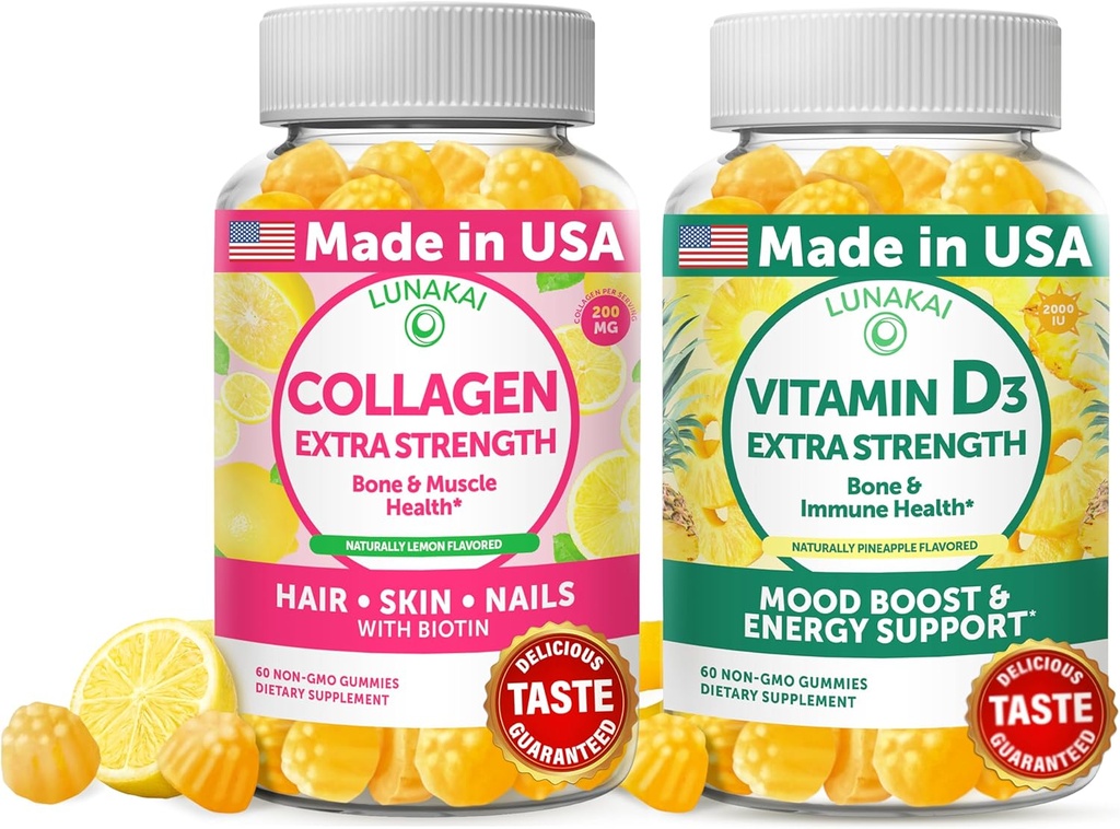 Lunakai Collagen e vitamina D3 Gummies Bundle - Integratori Anti OGM per Uomo e Donne - Immunità, Bone e Mood Support Gummy per Adulti - 30 giorni di alimentazione