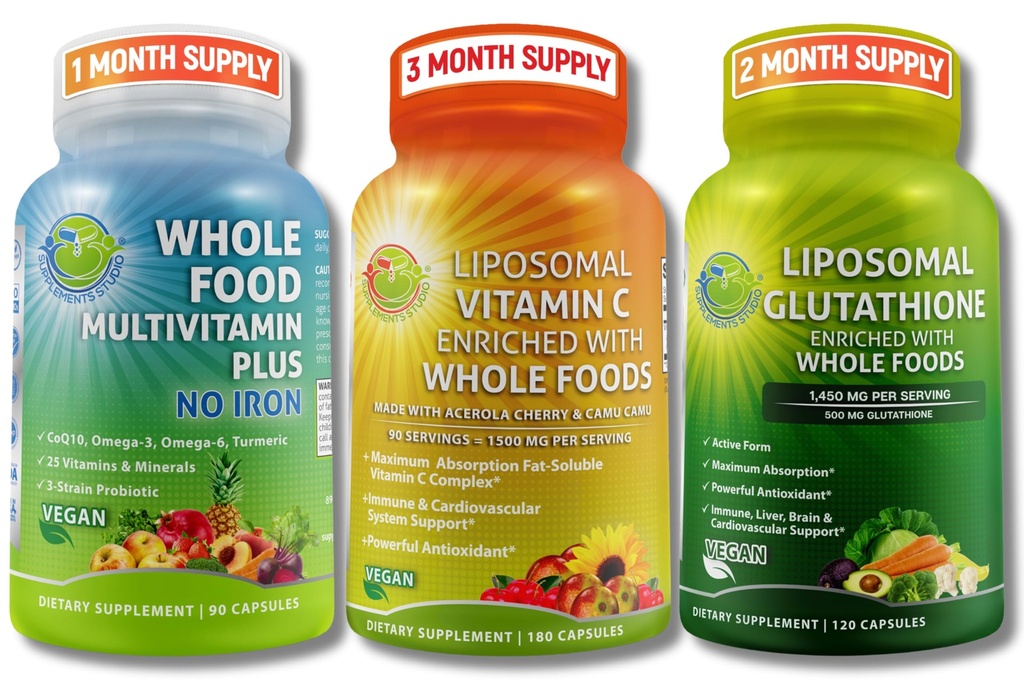 Immune & Daily Wellness Support Bundle for Women & Men – Vitamina Liposomal C 1500mg + Vegan Whole Food Multivitamin No Iron + Liposomal Glutathione 500mg – Vegan, Non OGM, Clean Daily Wellness Support
