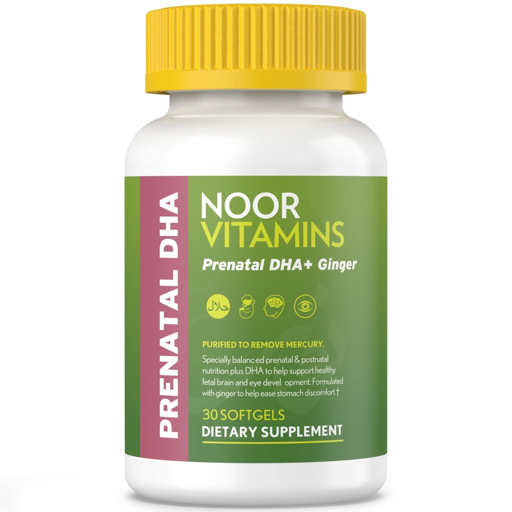 Noor Vitamine Prenatali Halal con DHA e Acido Folico, Vitamine essenziali, Ginger to Soothe mamma's Stomach, Iron, Softgels, Vitamina Prenatale prima/durante/polvere gravidanza (1 mese di alimentazione)