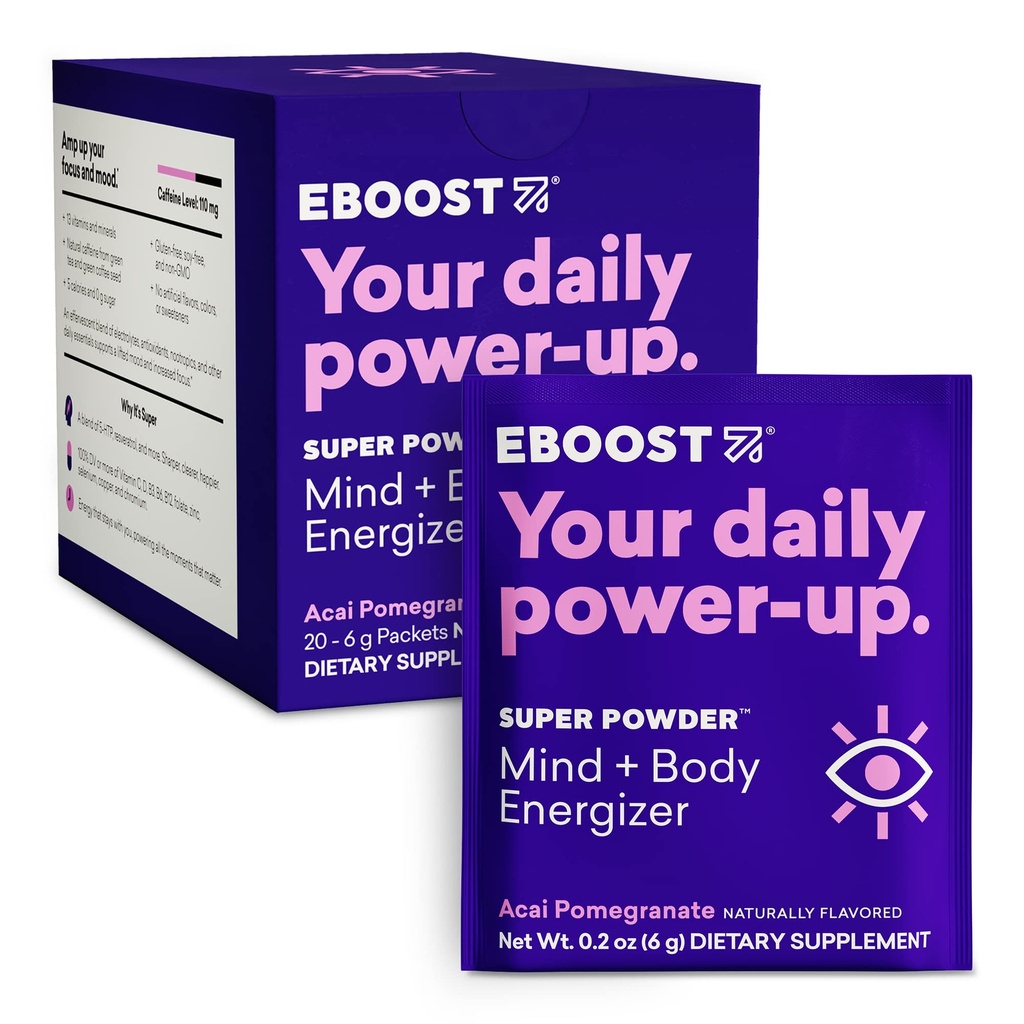 EBOOST Super Energy Powder Drink Mix, Non OGM Electrolyte Supplemento caricato con vitamine (Acai Pomegranate), 0.2 Ounce (Pack of 20)