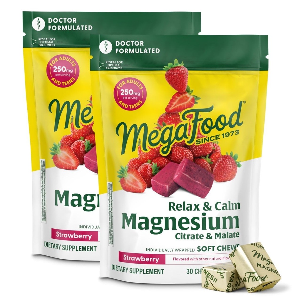 MegaFood Relax + Calm Magnesium Supplement - Soft Chews with Magnesium Citrate & Malate for Heart Health, Muscle Tension & More - Vegetariano - Strawberry Flavor - 30 Chews per Pack (2 Pack)