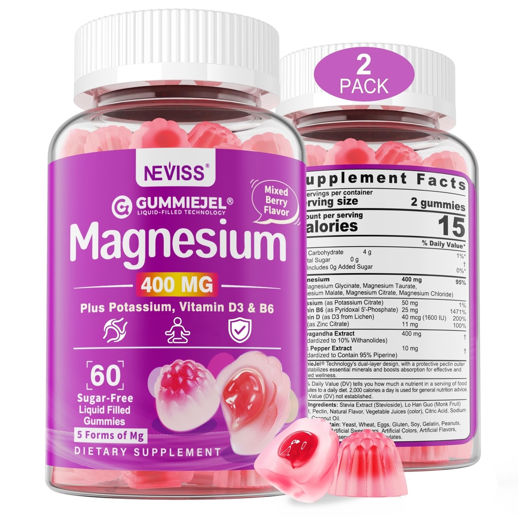 Magnesio senza zucchero Gummies 400mg | Magnesio complesso 5-in-1: Glycinate, Citrato, Malate, Cloruro & Taurate | con Ashwagandha, Vitamina D3 & Zinc | Calm, Mood & Energy Support | Vegan, 2-Pack
