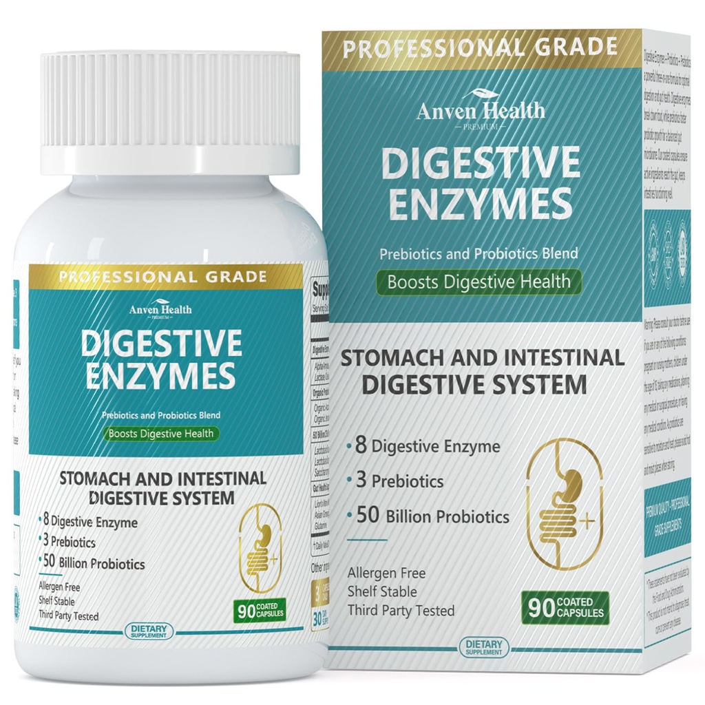 800mg Enzimi digestivi per uomini e donne con probiotici e prebiotici organici, 8 Enzimi chiave, Protease, Amylase & Lipase per Bloating, Gas Relief, Non OGM | 90 capsule