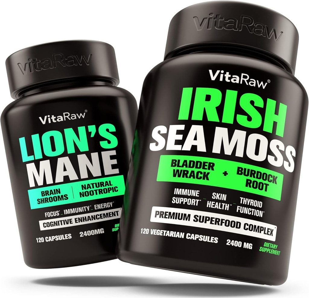 Lions Mane Mushroom + Irish Sea Moss - Brain Booster Memory & Energy + Supporto immunitario, Joint & Thyroid e Gut Health