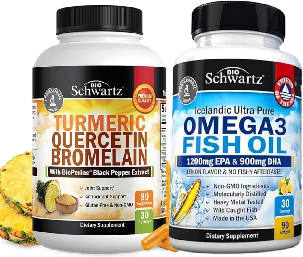Quercetina di curcuma con supplemento di bromelaina (1 mese di fornitura) Plus Triple Strength Omega 3 Fish Oil Softgels (1 mese di alimentazione)