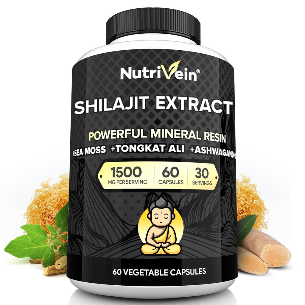 Nutrivein Premium Pure Himalayan Shilajit per gli uomini e le donne - 1500 mg - 60 capsule- Potente estratto di resina miscelato con Irish Sea Moss, Tongkat Ali, & Ashwagandha - Vitality, Clarity, & Performance