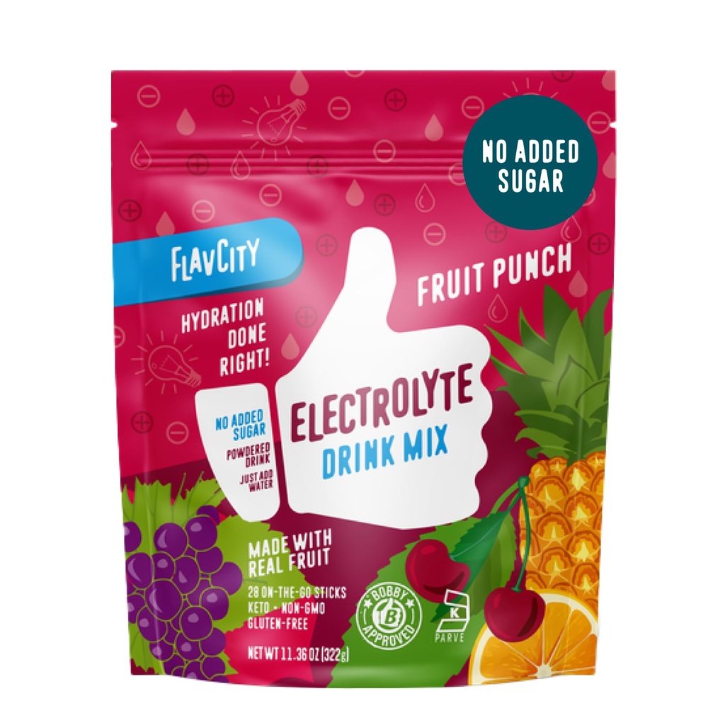 Imballaggio della polvere di elettroliti della punzonatura di frutta di FlavCity - 28 Imballaggi di idratazione - Non Aggiunto Zucchero - Polvere di idratazione con la frutta reale & sale marino non raffinato - Keto & senza glutine (28 Stick Packs)