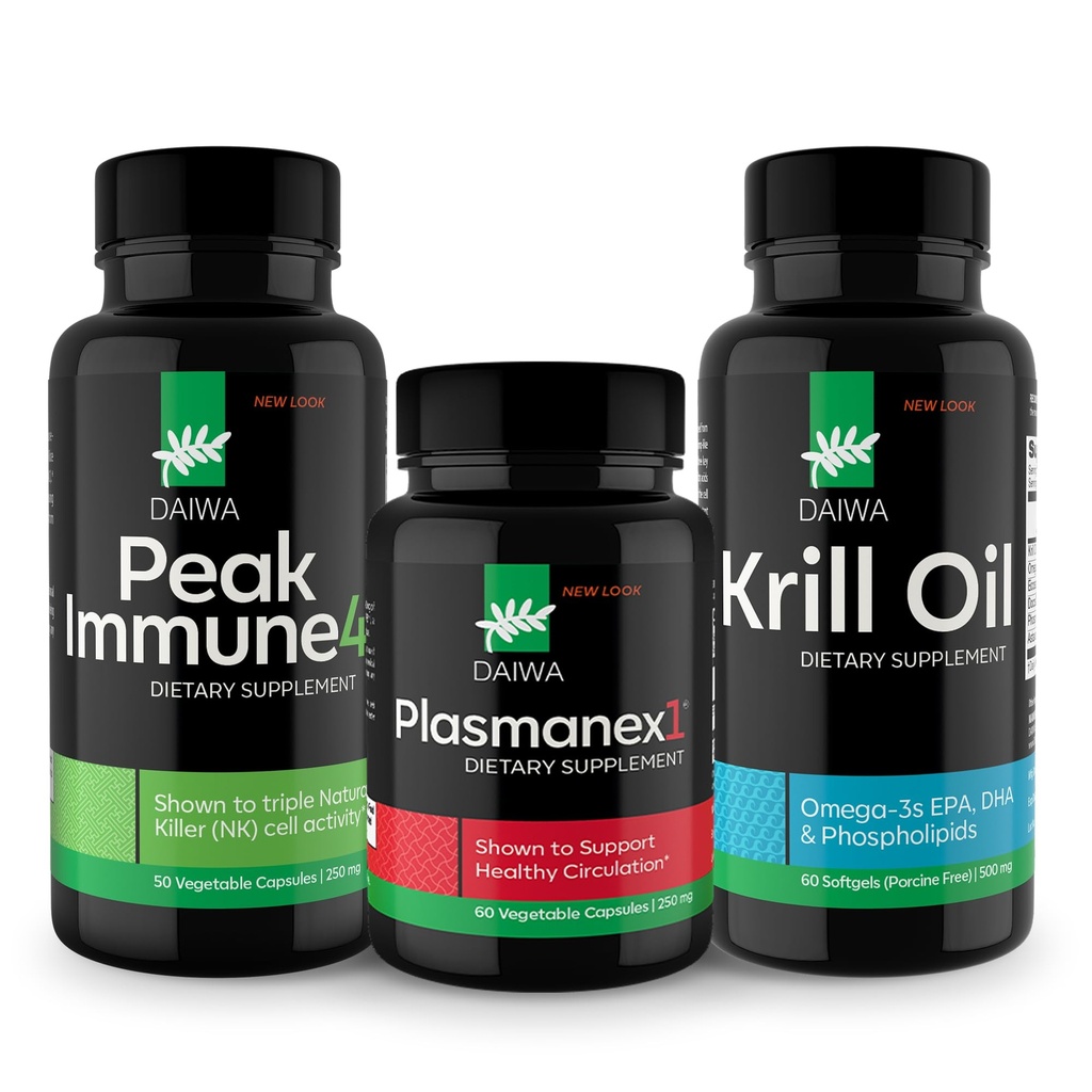 Daiwa Peak Immune 4 - Natural Immune System Booster + Plasmanex 1 – Integratore di circolazione sanguigna + Krill Oil – Omega 3 Krill olio capsule
