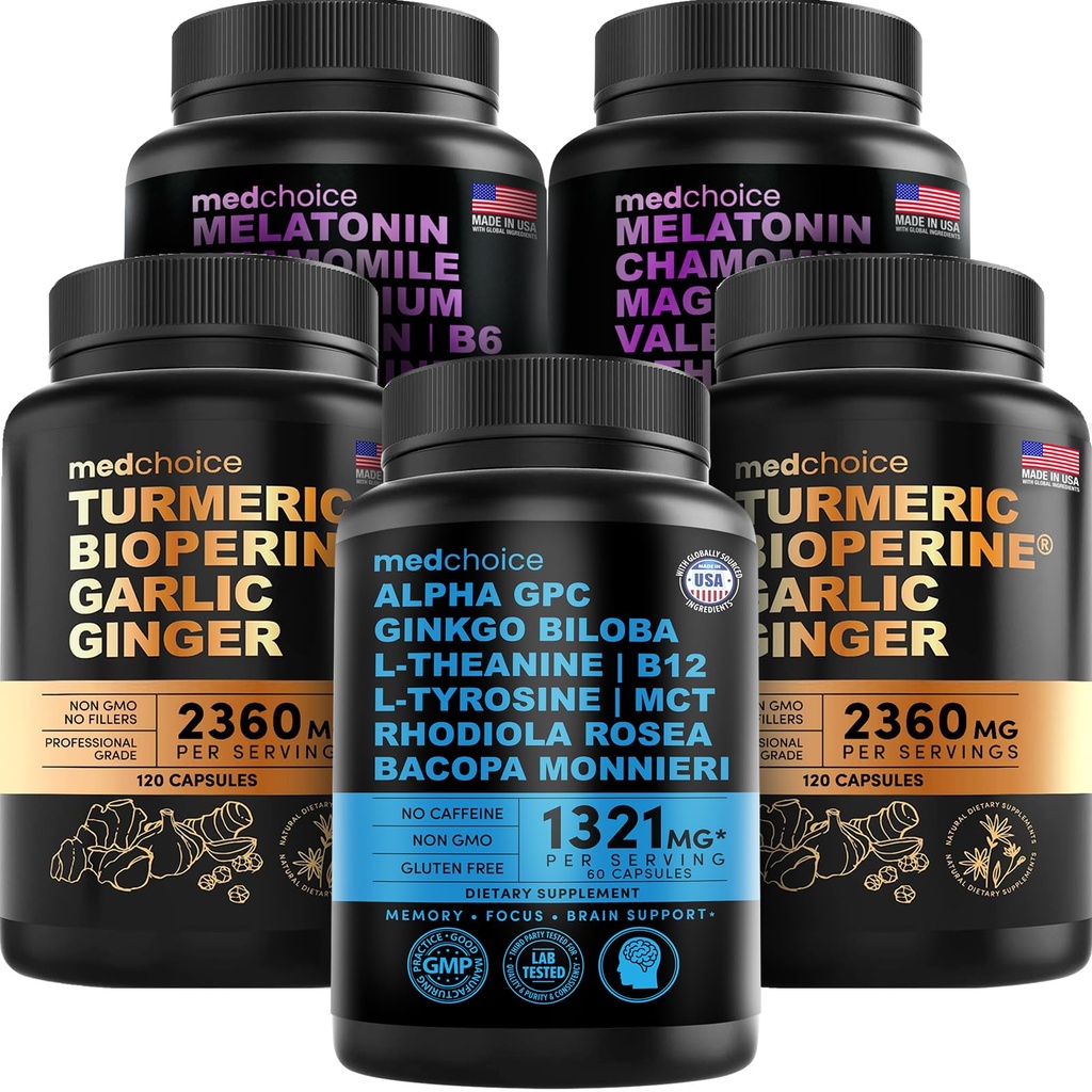 MEDCHOICE Turmeric & Ginger (240ct), Melatonina Dormire (180ct), e Cervello Nootropic (60ct) Supplemento Bundle - Trio Benessere per Cervello, Sonno, & Supporto Immune - Vegan, Non OGM, Senza glutine