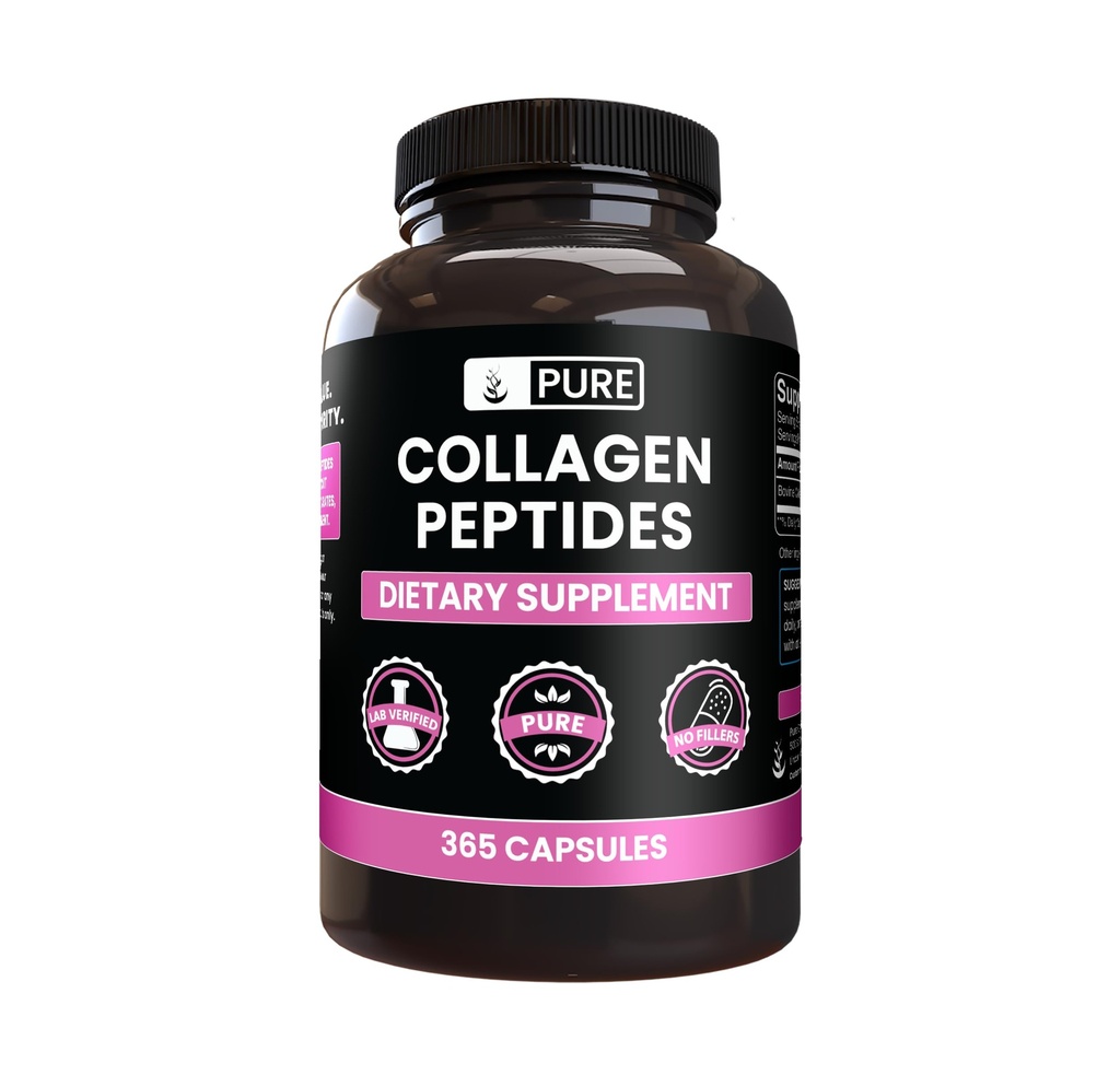 PURE ORIGINAL INGREDIENTI Peptidi di collagene (365 capsule) Senza riempitivi di magnesio o di riso, sempre puri, verificati in laboratorio