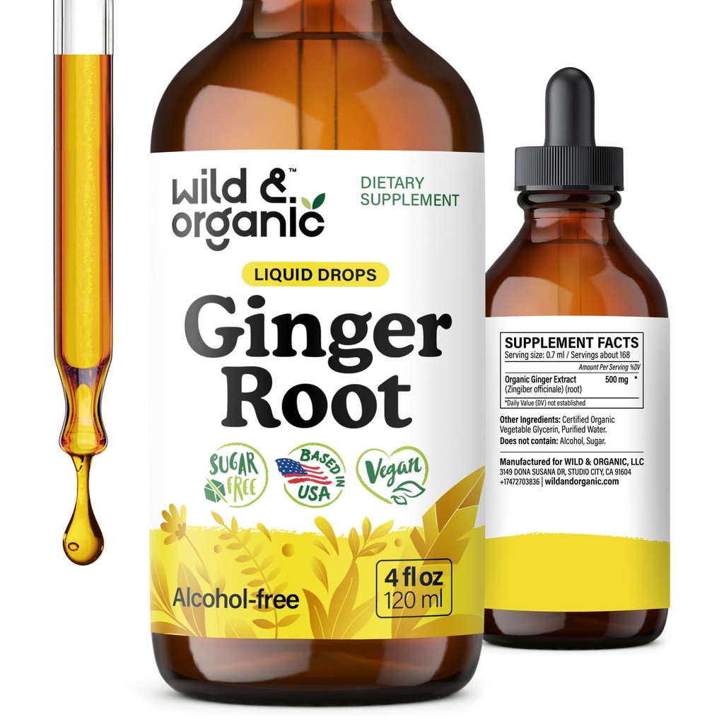 Gocce di estratto di radice di zenzero selvatico e organico - Supporto immunitario e digestivo - Integratori di zenzero liquido - Vegan, Tintura senza zucchero e alcol - 4 fl oz