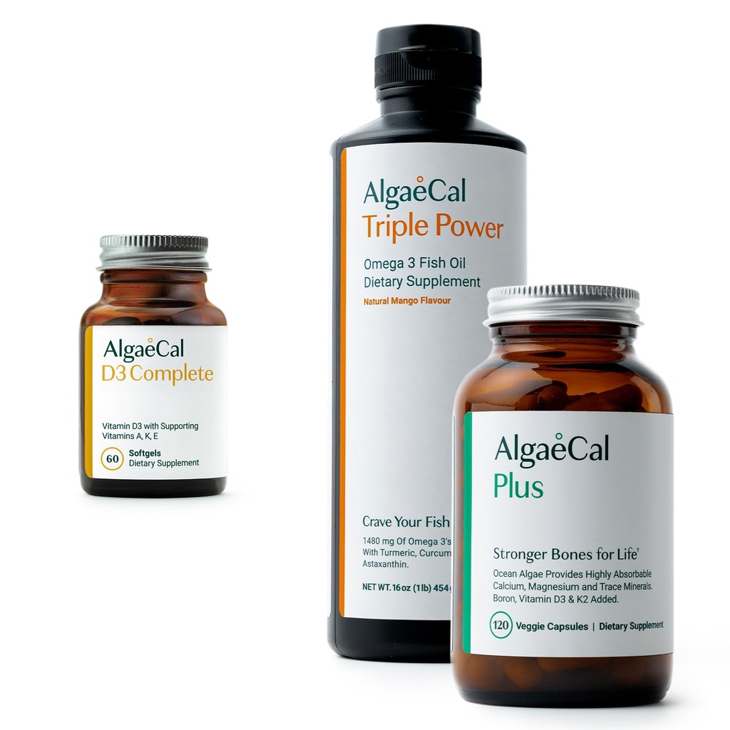 Bundle ALGAECALE - Vitamina D3 Completa (1000 UI) + Vitamine K2, E & A & A Calcium a base vegetale per ossa più forti & Fish Oil Omega 3 1200mg EPA DHA