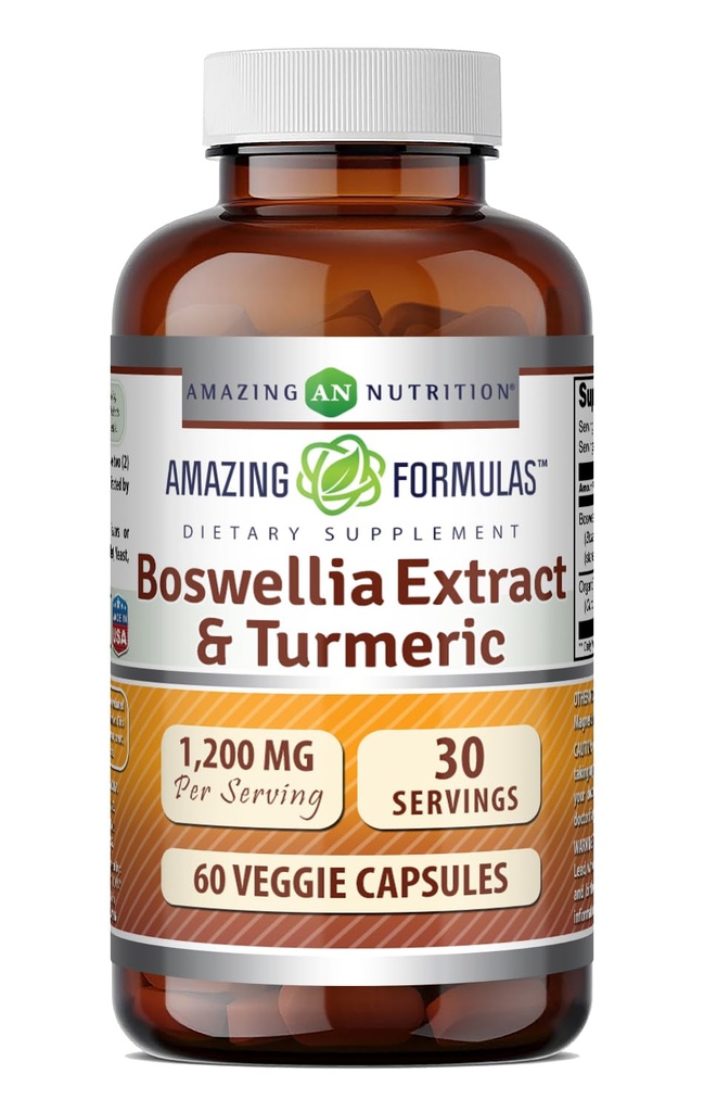 Incredibile Formulas Boswellia Extract & Turmeric Supplement | 1200 Mg Per Serving | 60 Veggie Capsule | Non-GMO | Gluten Free | Made in USA |