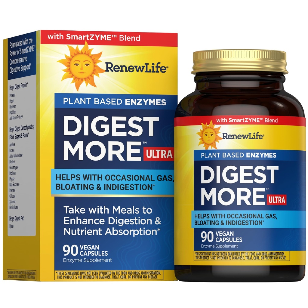 Renew Life Adult DigestMore Ultra Enzimi - Ultra-Strength Plant-Based Digestive Enzyme Formula per Uomini & Donne - 90 Capsule Vegetariani