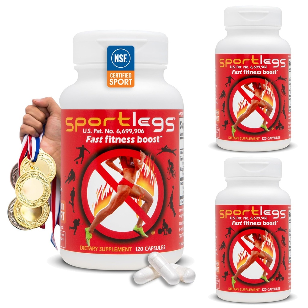 SPORTLEGS Fast Fitness Boost Pre Workout per uomini e donne, Lactic Acid Supplement, Sport Endurance Fuel, Endurance Supplements for Runners - NSF Certified for Sport, 120-Capsule Bottle, Confezione da 3