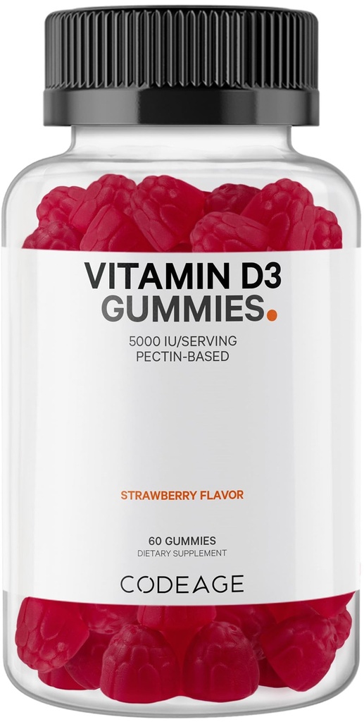 Vitamina D3 Gummy Vitamine, Vitamina D3 5000 IU Gummies Cholecalciferol 125 mcg - 2-Month Fornitura - Morbido Pectin-Based, Animal Gelatin-Free Vitamins Gummy, Fragola, Senza Glutine - 60 Gummies