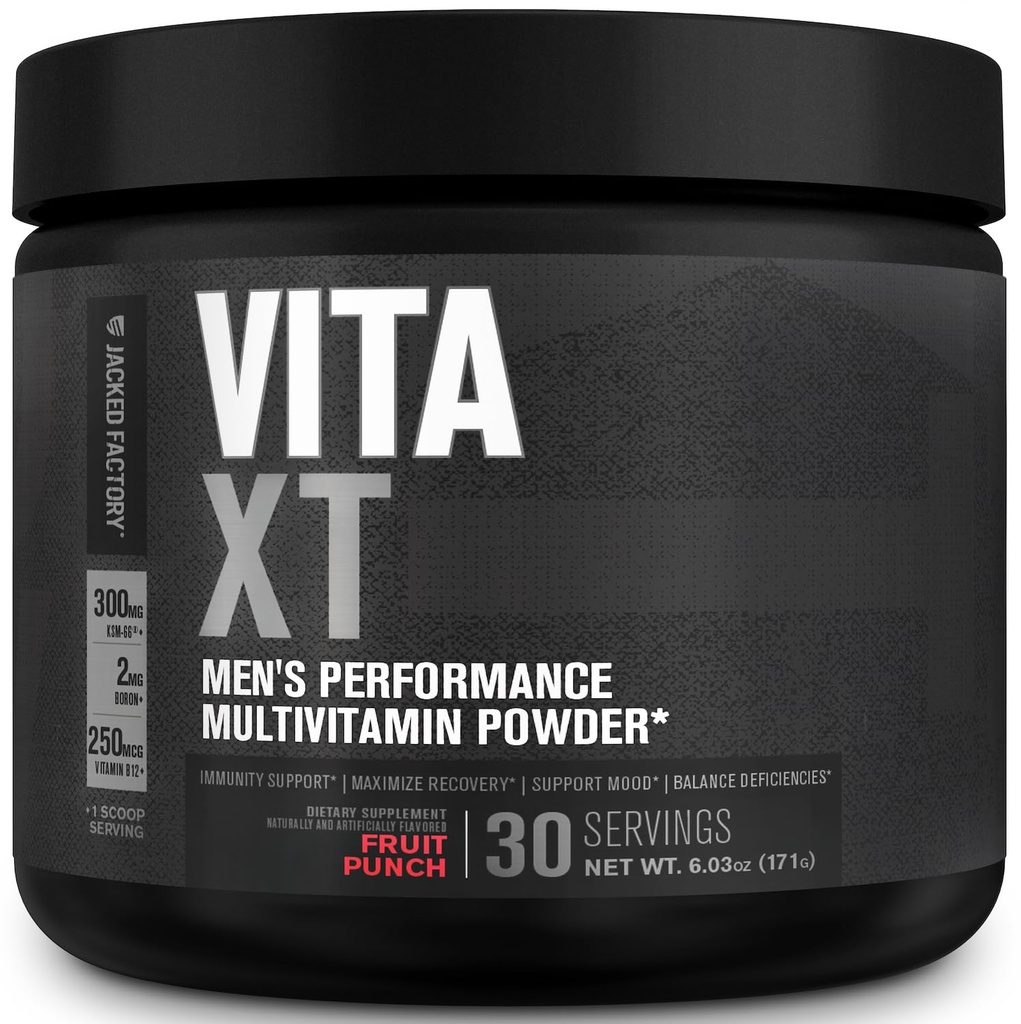 Polvere di vitamina di prestazione di Jacked Factory Vita XT - Polvere multivitamina quotidiana per gli uomini con KSM-66 Ashwagandha, fibra prebiotica, vitamina A, C, D, K, B6, B12, & More - Punch di frutta, 30Sv