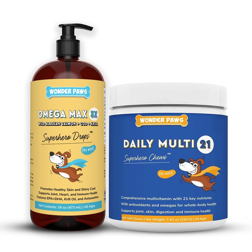 WONDER PAWS Omega Max Fish Oil Plus Daily Multivitamin Chews - per Dog Joint Health, Skin Moisture, Immune System Support & Daily Wellness - Omega Max 16 Ounces - Multivitamin 60 Chews