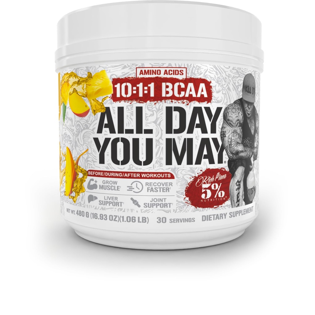 5% Nutrition Rich Piana AllDayYouMay BCAA Powder | Premium Intra & Post Workout Aminoacidi, Idratazione, Endurance, recupero muscolare, Joint & Liver Support | 16.93 oz, 30 Serve (Mango Ananas)