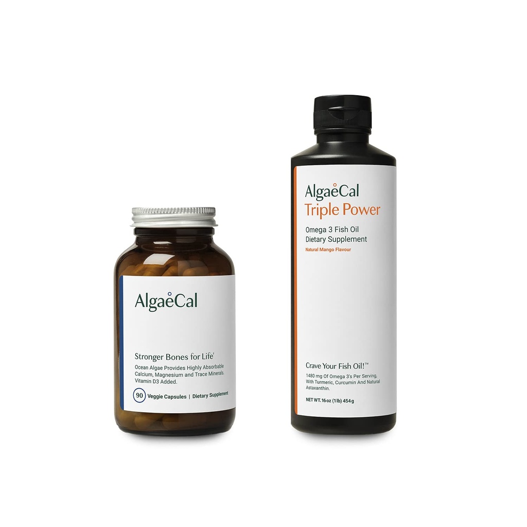 AlgaeCal Bundle - Integratore di calcio a base vegetale con vitamina D3 per la salute e la forza di Bone &amp; Emulsione liquida naturale dell'olio di pesce Omega-3 con EPA & DHA, Curcumina, Astaxantina