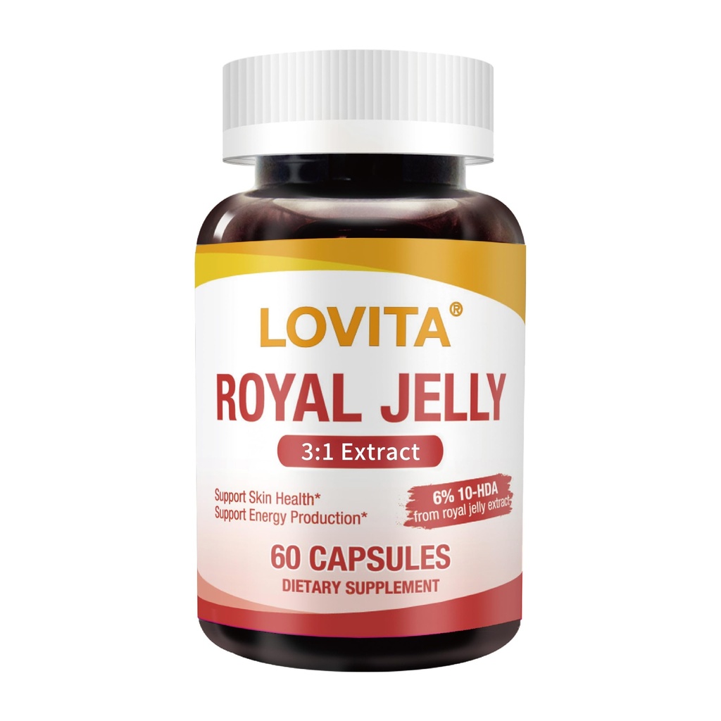 Lovita Royal Jelly 333 mg, 3:1 Concentrato, con 20mg 10-HDA, Sorgente naturale Super Cibo, Supporta la salute della pelle e la produzione di energia, 60 capsule