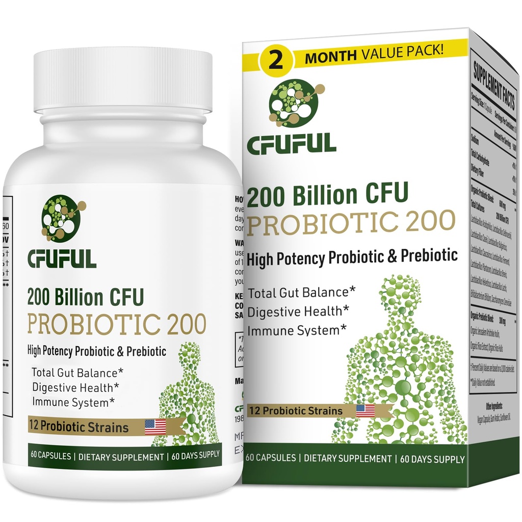 Probiotici per le donne e gli uomini, 200 miliardi di CFU 12 Strains con 3 prebiotici organici e probiotici per la salute digestiva Gut, Immune, Bloating & Gas, Energia, Salute complessiva, Shelf Stable - 2 mesi di fornitura