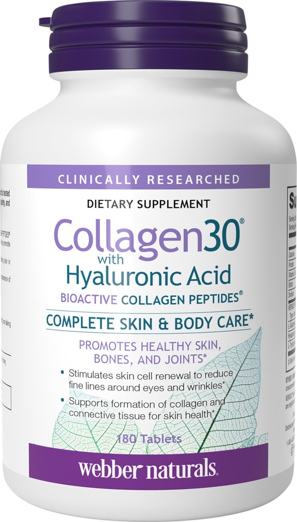 Webber Naturals Collagen30 con acido ialuronico, peptidi di collagene bioattivi, 180 compresse, aiuta a ridurre le rughe degli occhi e la linea facciale fine, non OGM